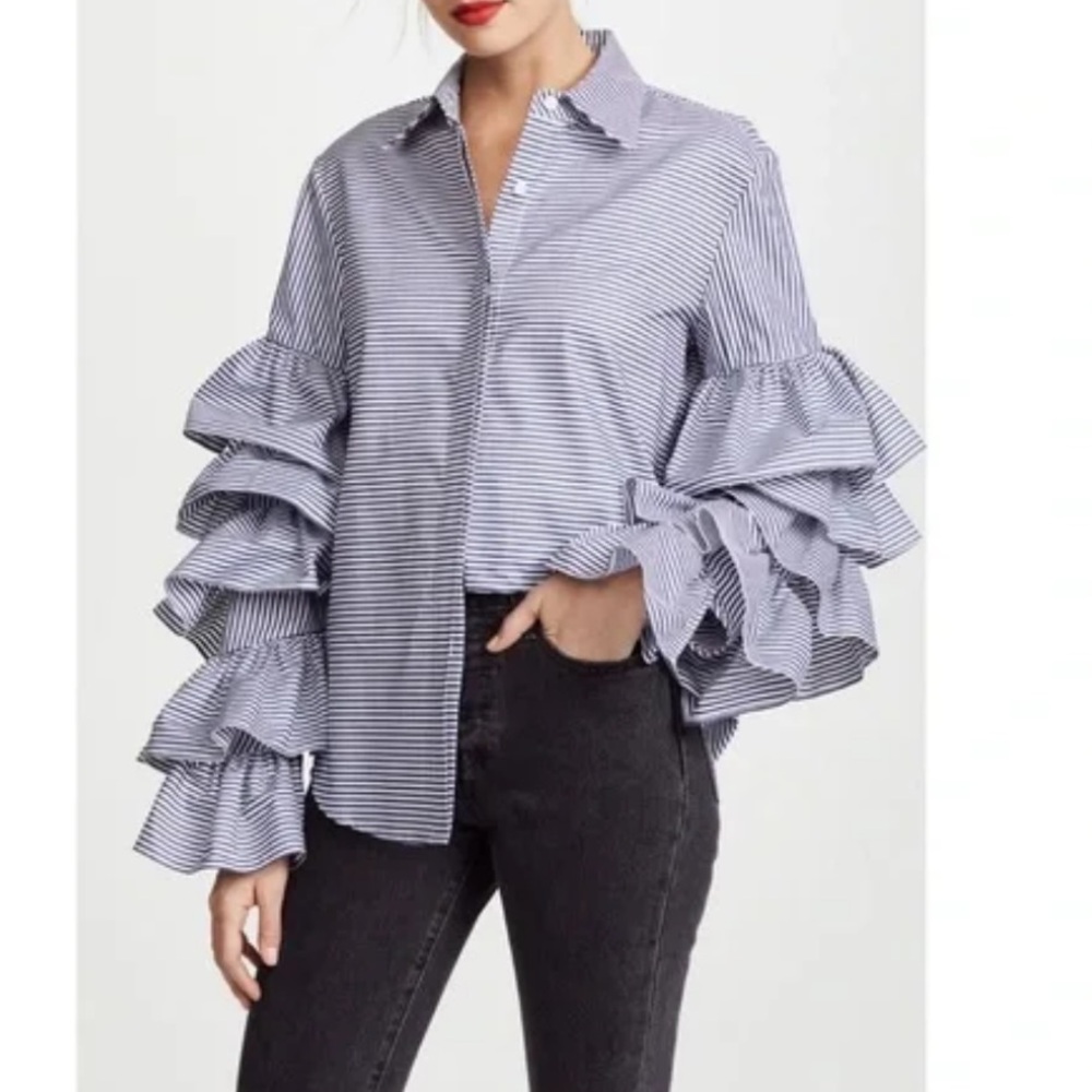 Petersyn Blue and White Striped Shirt w ruffled sleeves